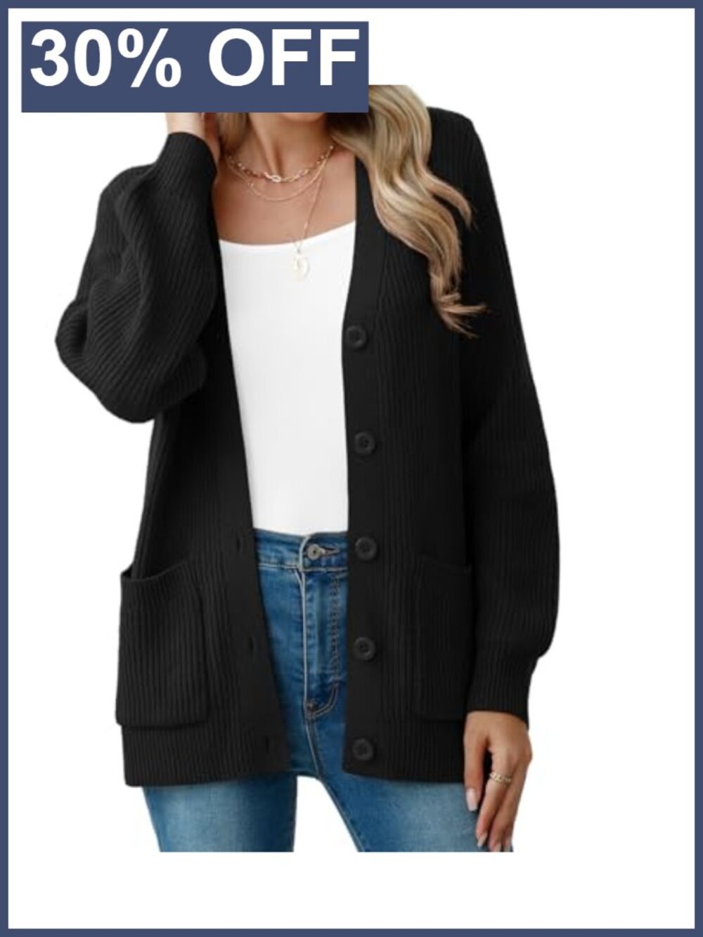 Chunky Knit Cardigan Sweater Long Sleeve V Neck Button Up with Pockets